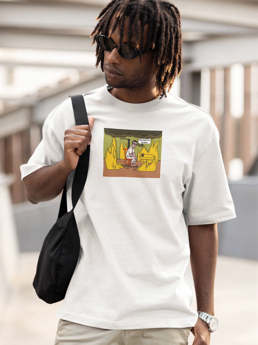 

BOLLYWOO.OOO Unisex Meme Edition Sab Mast hai Re Baba Oversized Cotton Oversized T-shirt, White
