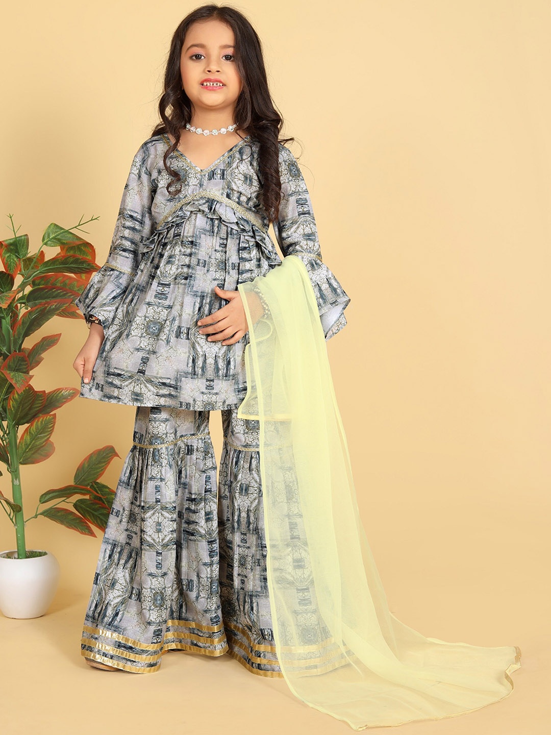 

BAESD Girls Floral Printed Empire Gotta Patti A-Line Kurti With Sharara & Dupatta, Grey