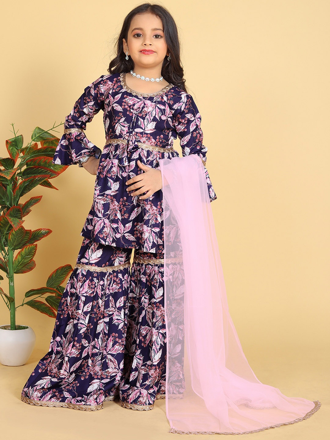 

BAESD Girls Floral Printed Regular Thread Work A-Line Kurti With Sharara & Dupatta, Navy blue