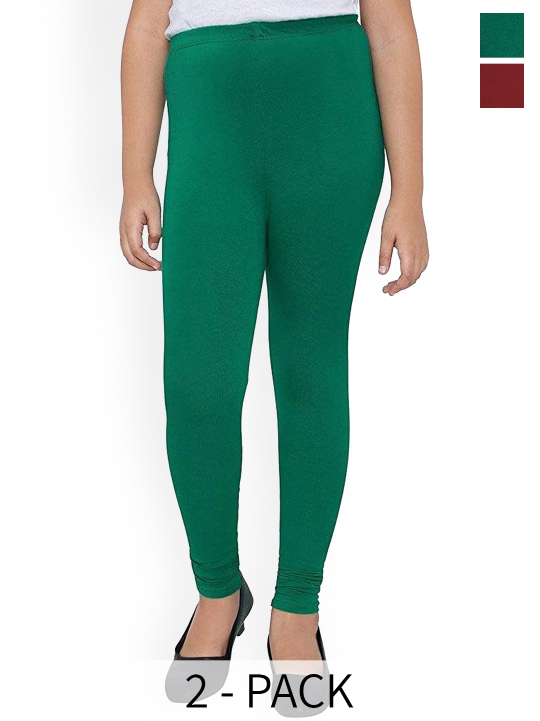

FRENCH KLEIDER Girls Pack Of 2 Four Way Stretch Churidar Length Leggings, Green