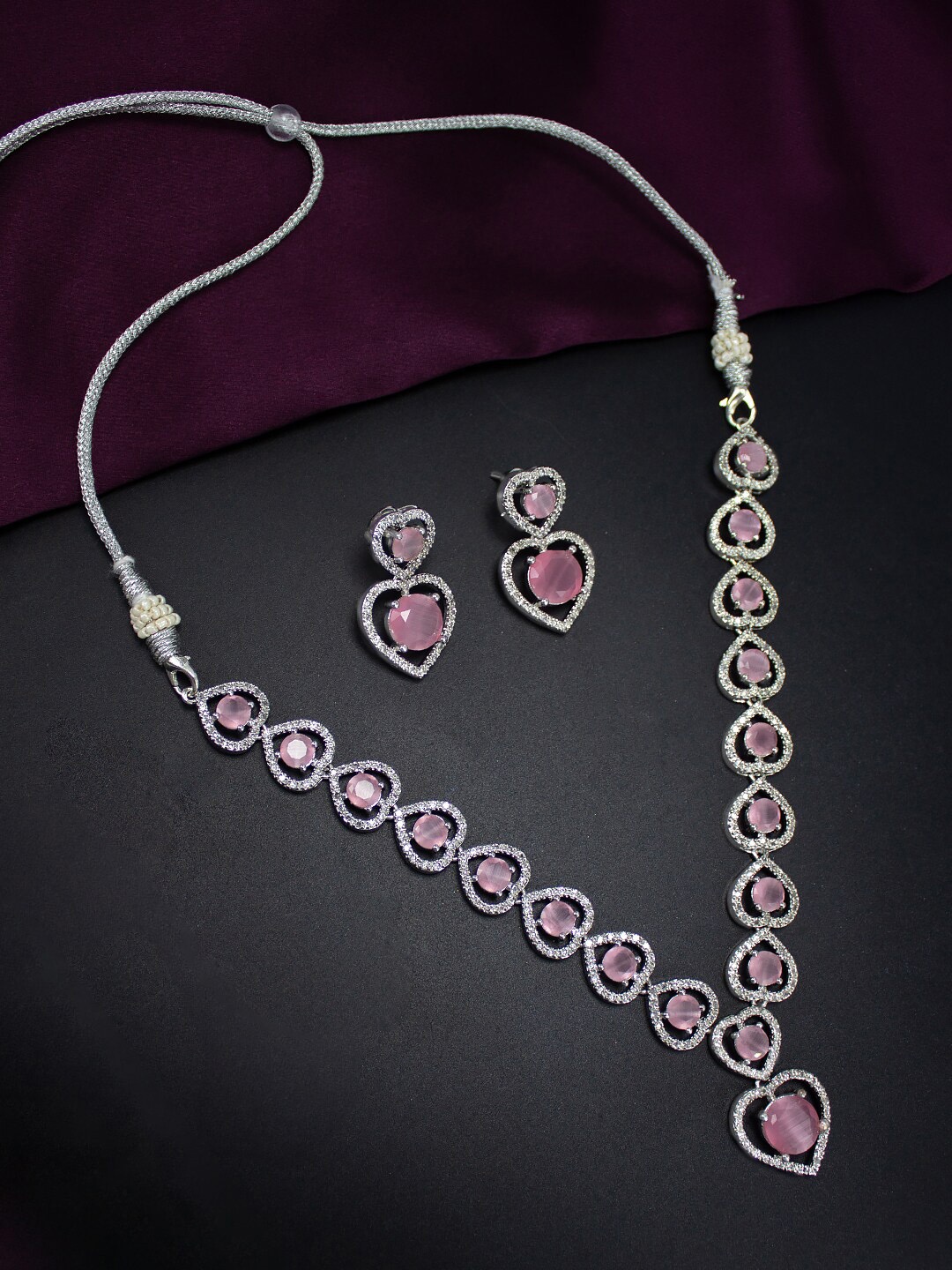 

PRIVIU Rhodium Plated American Diamond Studded Jewellery Set, Silver