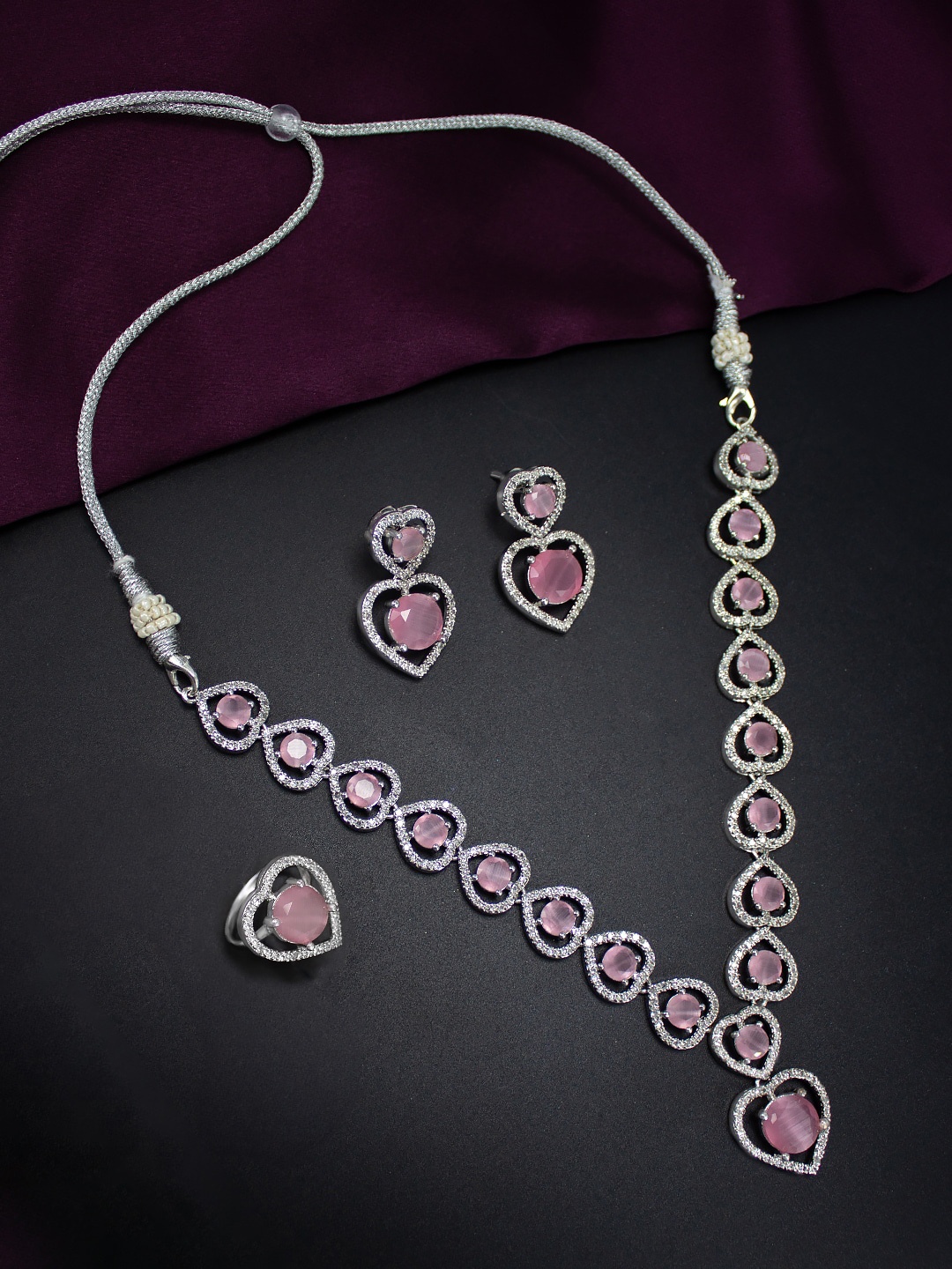 

PRIVIU Rhodium Plated American Diamond Studded Jewellery Set, Silver