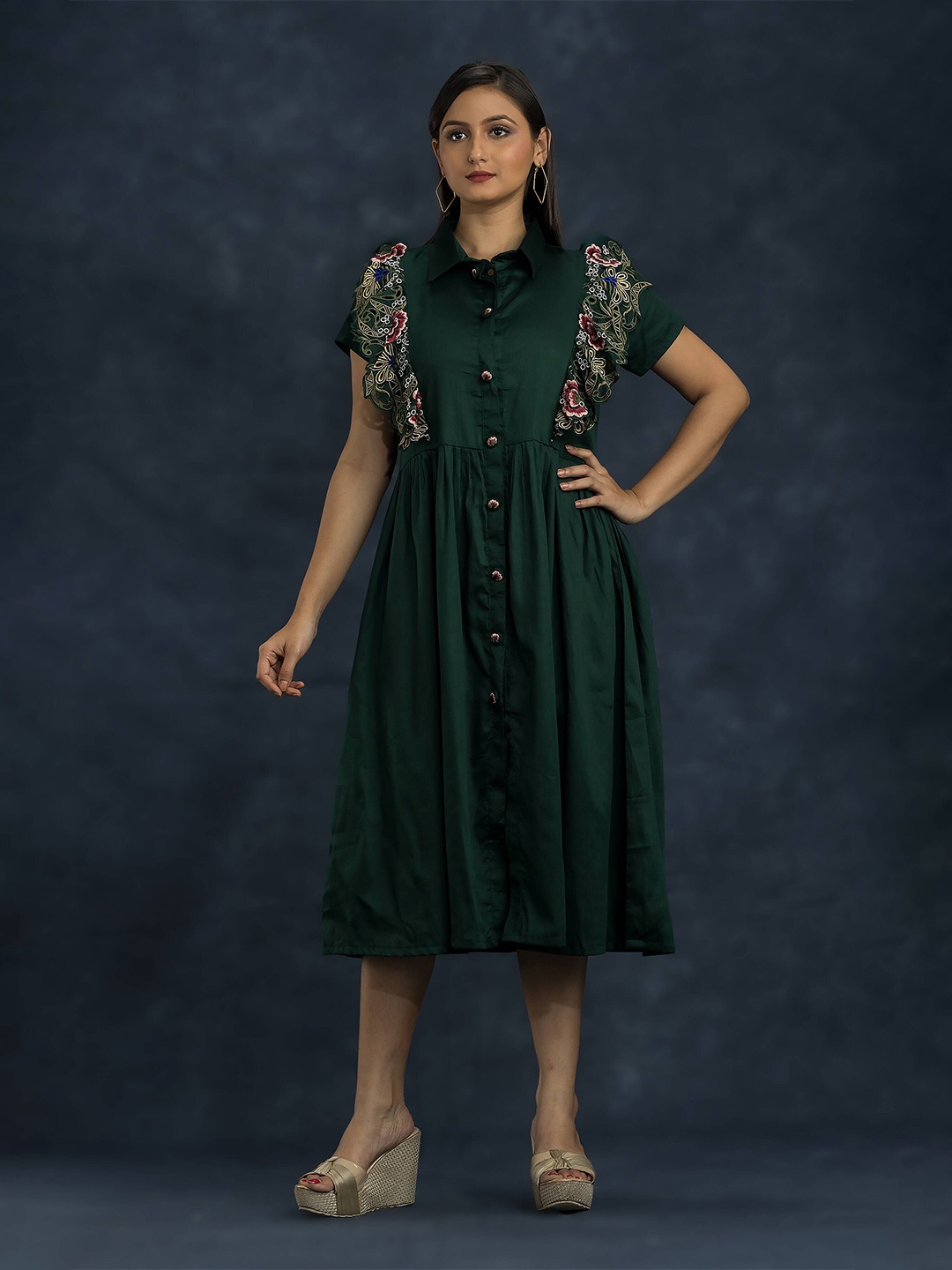 

SACRED SUTA Embroidered Flutter Sleeves Cotton Satin A-Line Midi Dress, Green