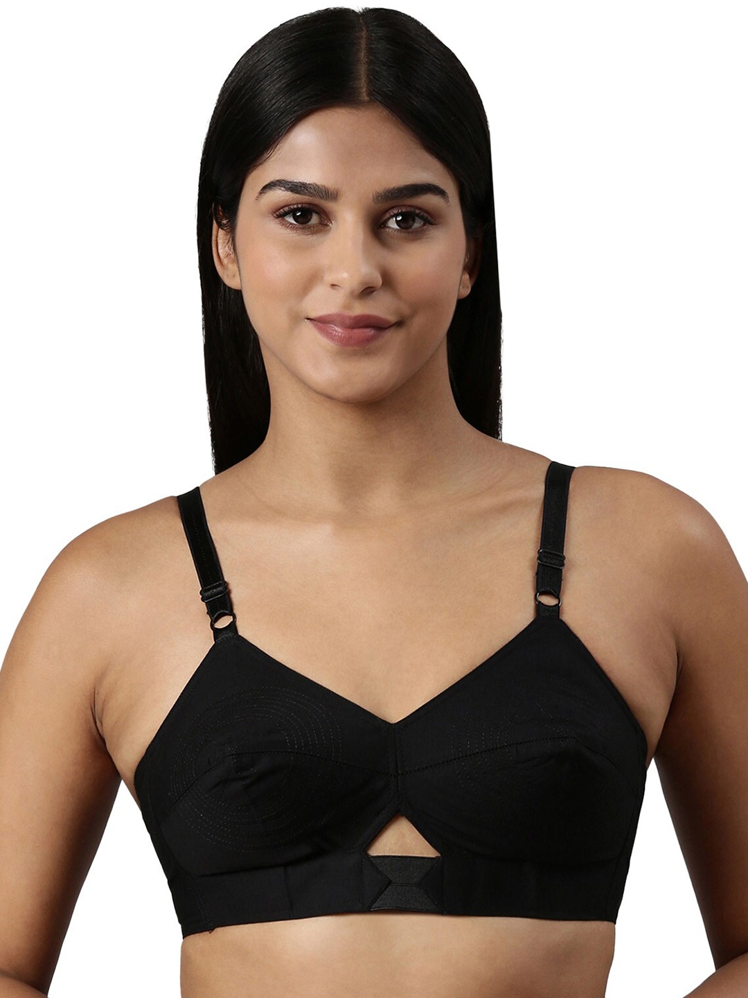 

BLOSSOM Double Layered Round Stitched Woven Cotton Bra, Black