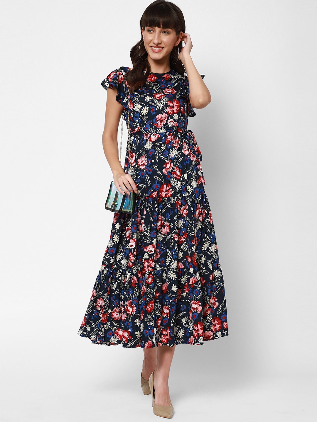 

HOUSE OF KKARMA Floral Print Flared Sleeve Crepe Fit & Flare Midi Dress, Blue