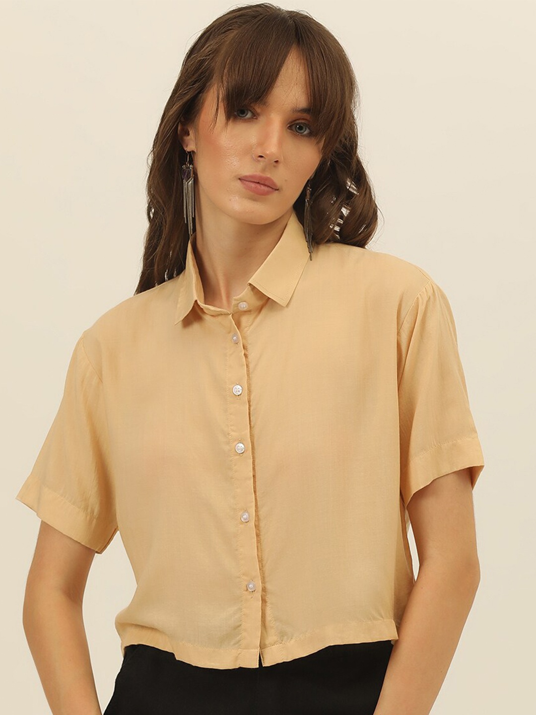 

JAVINISHKA Slim Fit Spread Collar Semi Sheer Crop Casual Shirt, Beige