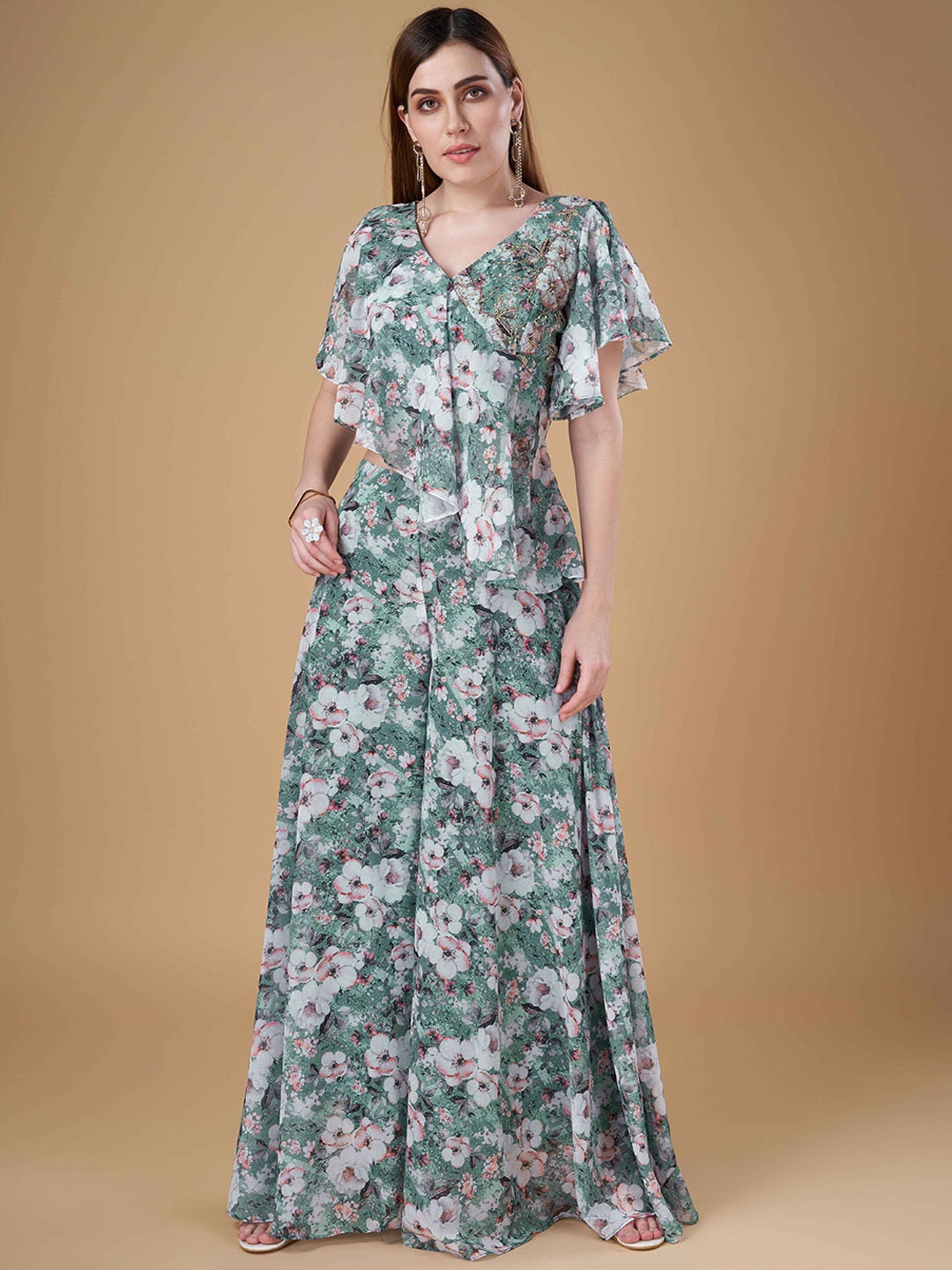 

AMOHA TRENDZ Embroidered Floral Printed Silk Crop Top With Flared Palazzos, Green