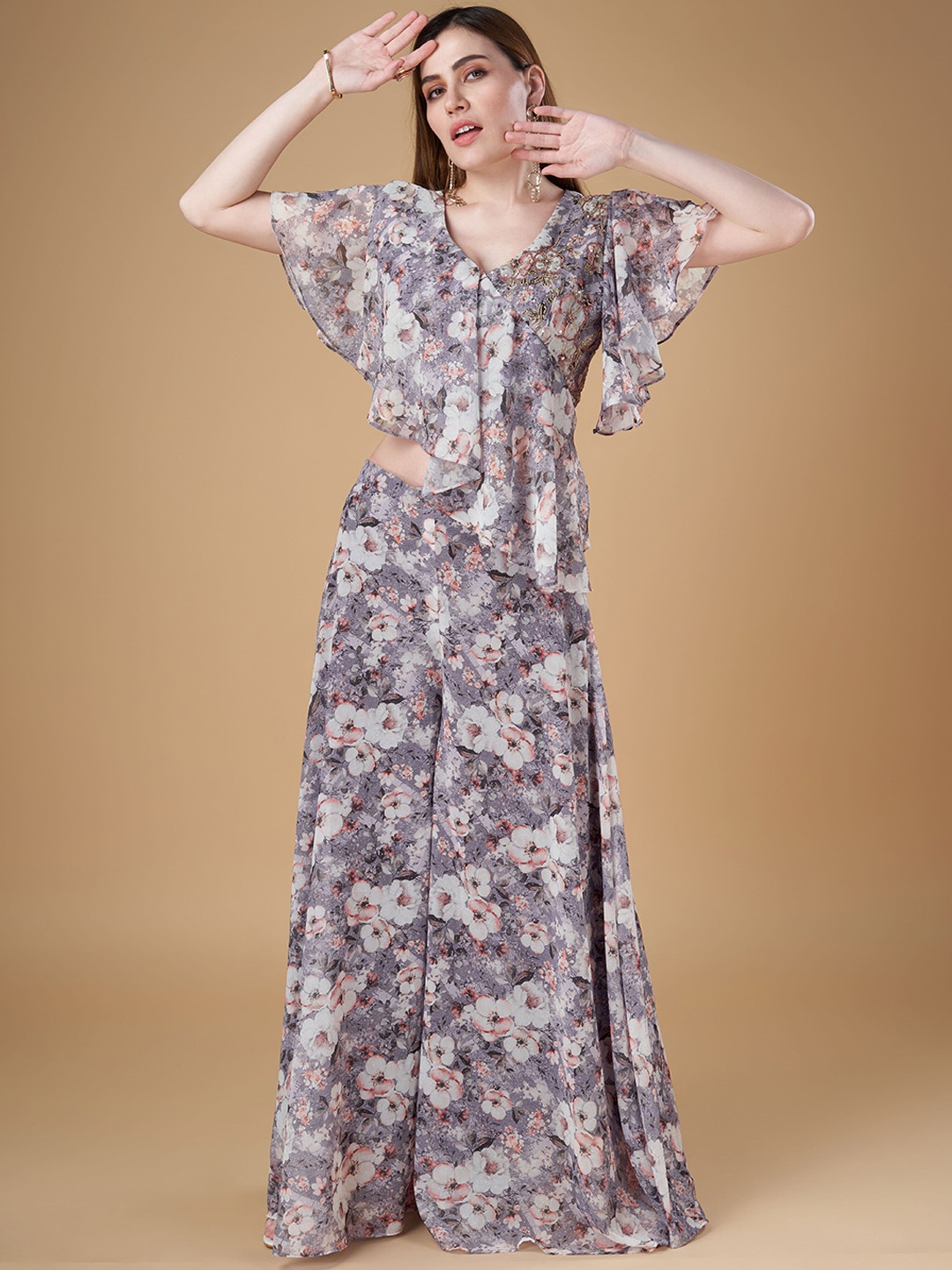 

AMOHA TRENDZ Printed & Embroidered Crop Top With Palazzos, Purple