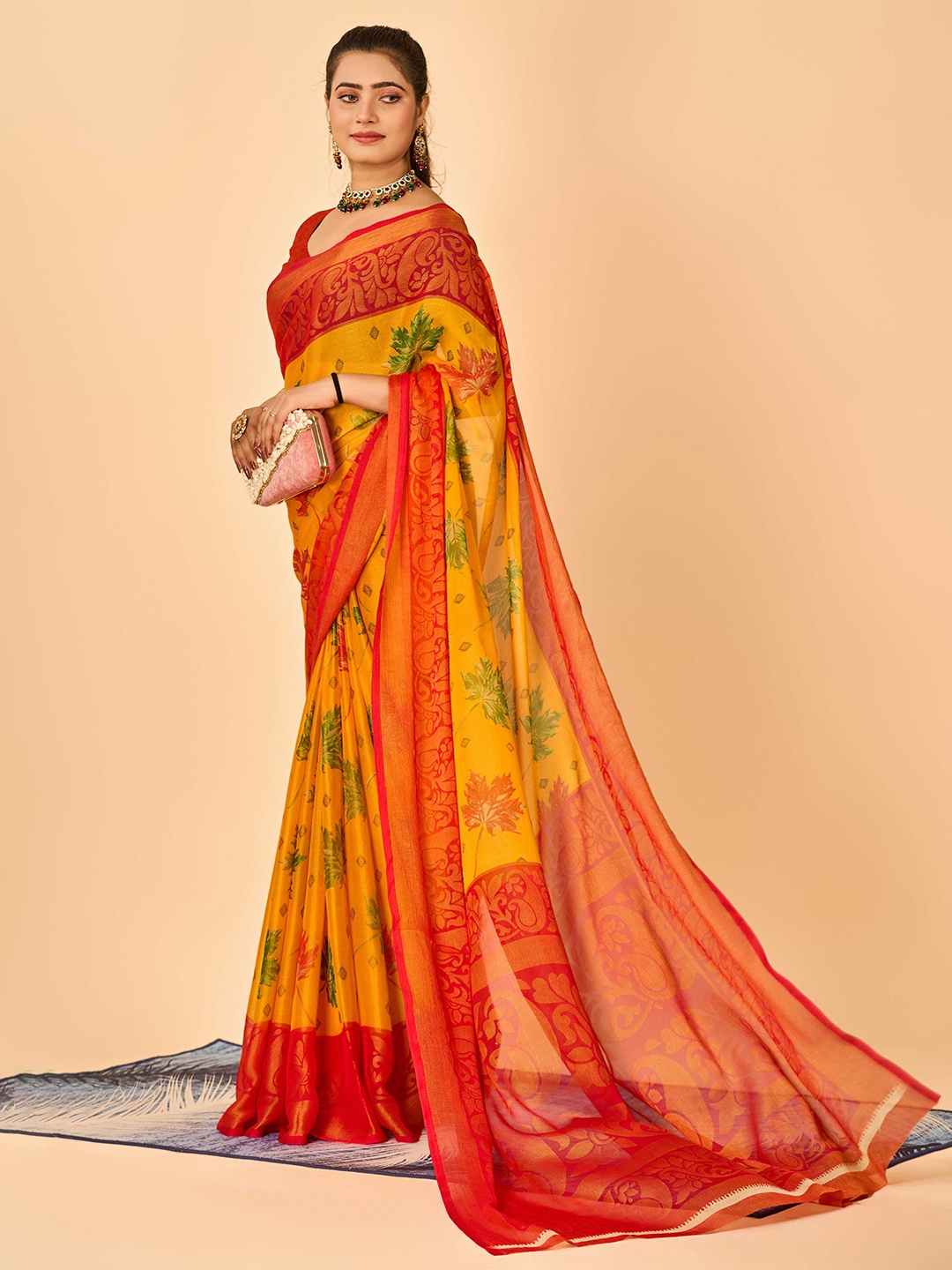 

HALFSAREE STUDIO Floral Printed Zari Saree, Yellow