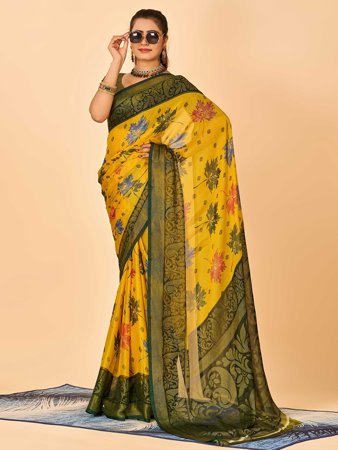 

HALFSAREE STUDIO Floral Printed Chiffon Saree, Yellow