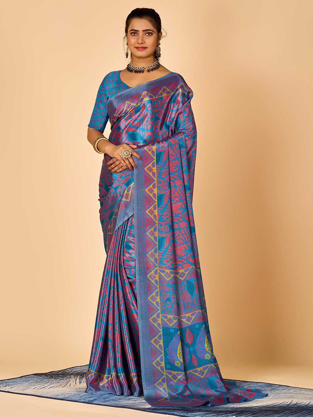 

HALFSAREE STUDIO Floral Printed Crepe Saree, Blue