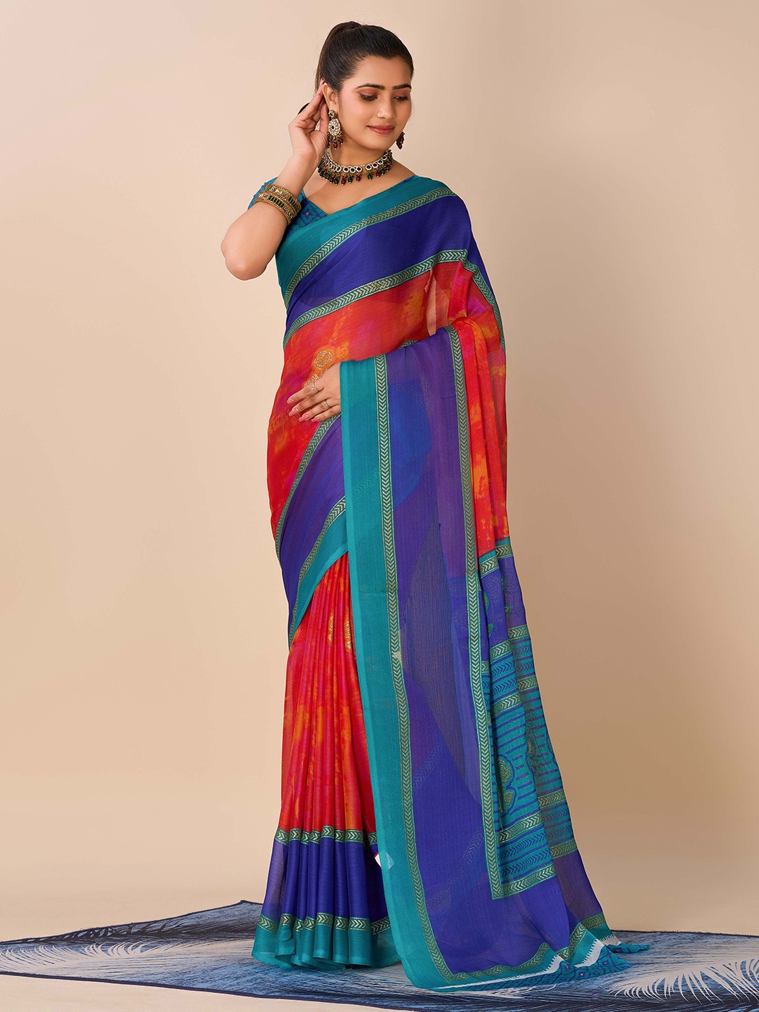 

HALFSAREE STUDIO Floral Printed Zari Saree, Blue