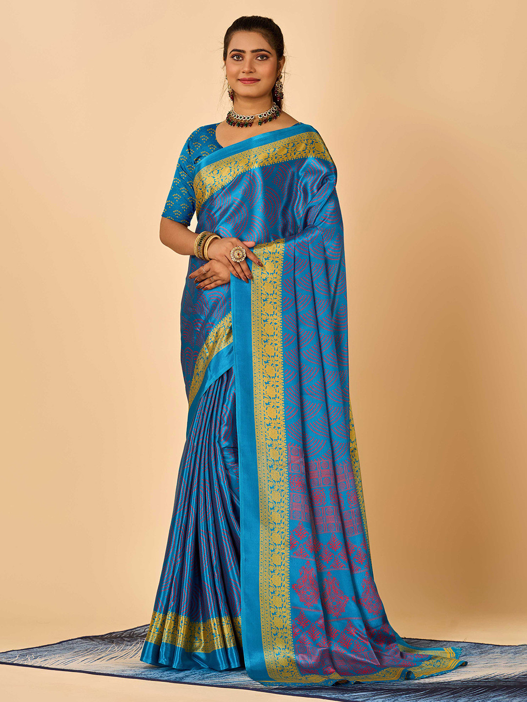 

HALFSAREE STUDIO Ethnic Motifs Printed Saree, Blue