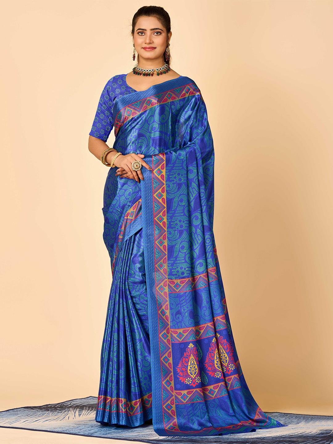 

HALFSAREE STUDIO Floral Printed Crepe Saree, Blue