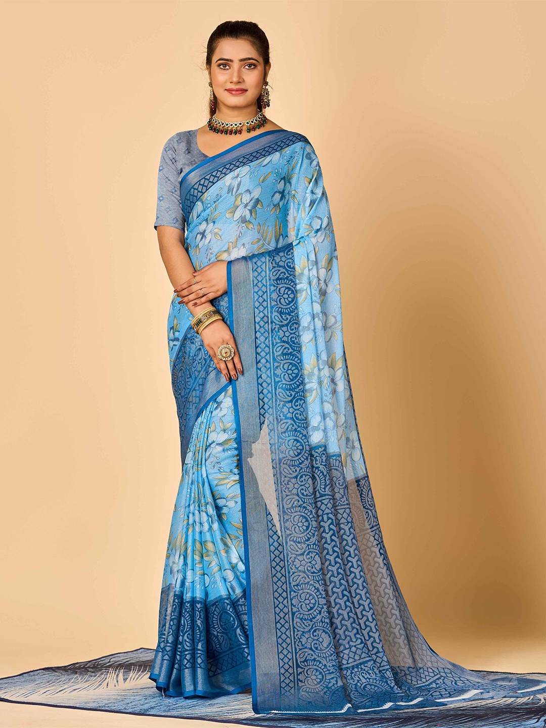 

HALFSAREE STUDIO Floral Printed Saree, Blue