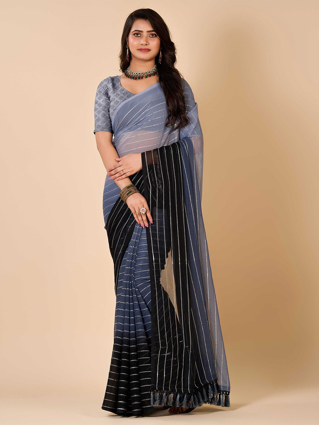 

HALFSAREE STUDIO Striped Embellished Saree, Grey