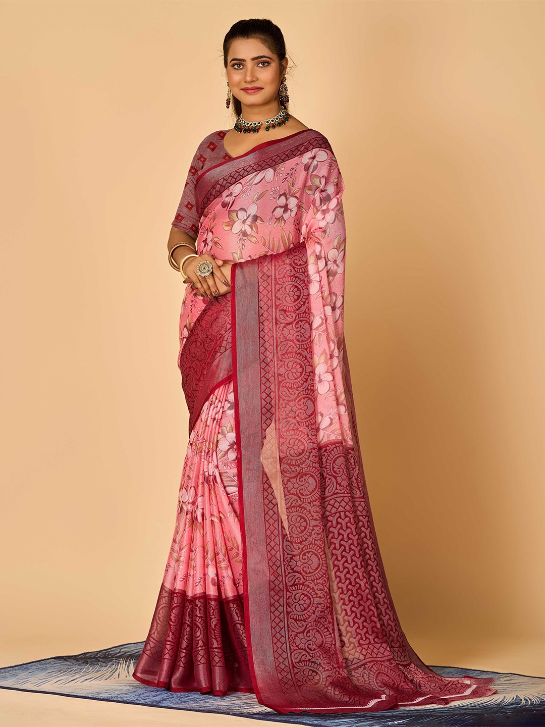 

HALFSAREE STUDIO Floral Printed Chiffon Saree, Peach