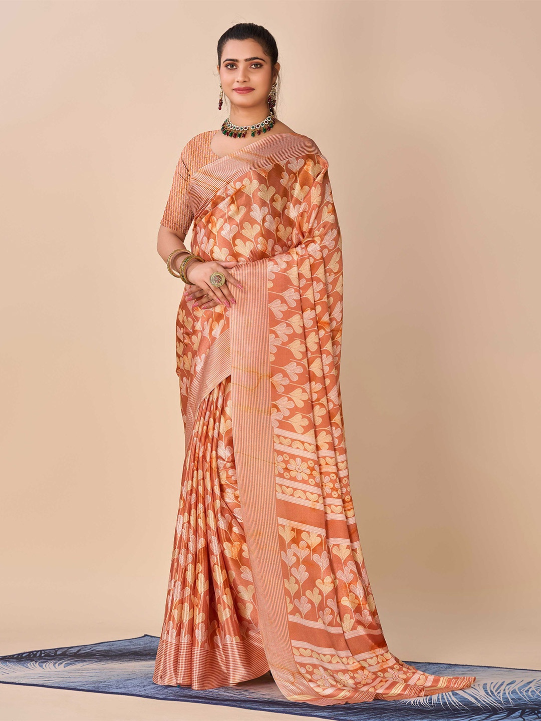 

HALFSAREE STUDIO Floral Printed Crepe Saree, Rust