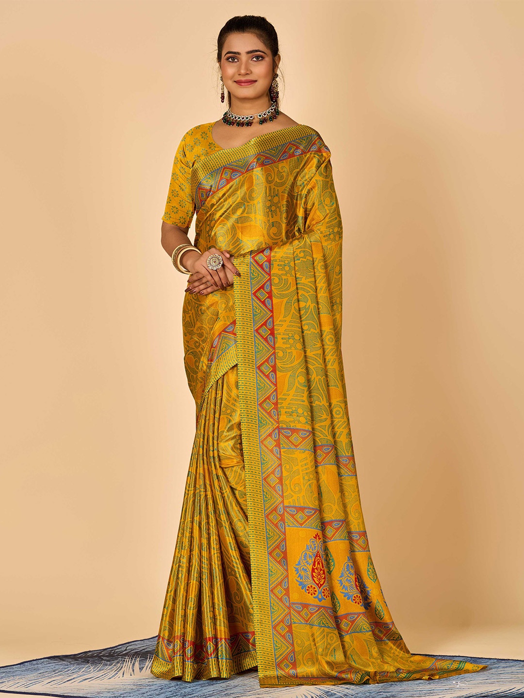 

HALFSAREE STUDIO Floral Printed Saree, Mustard