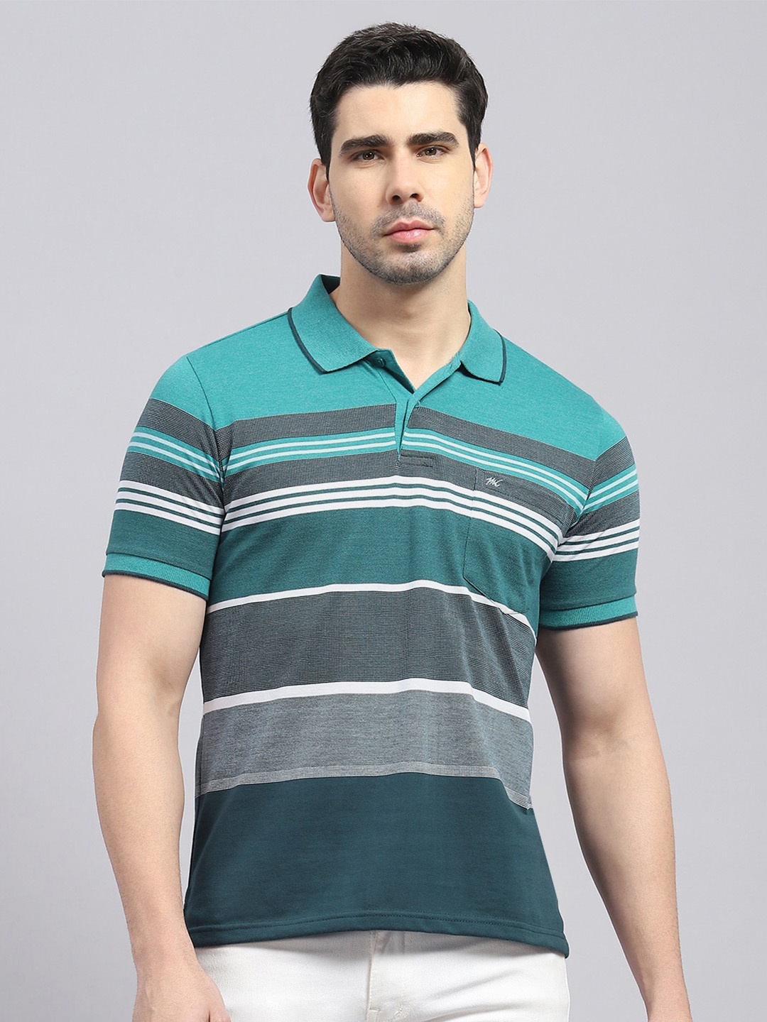 

Monte Carlo Striped Polo Collar Cotton T-shirt, Turquoise blue