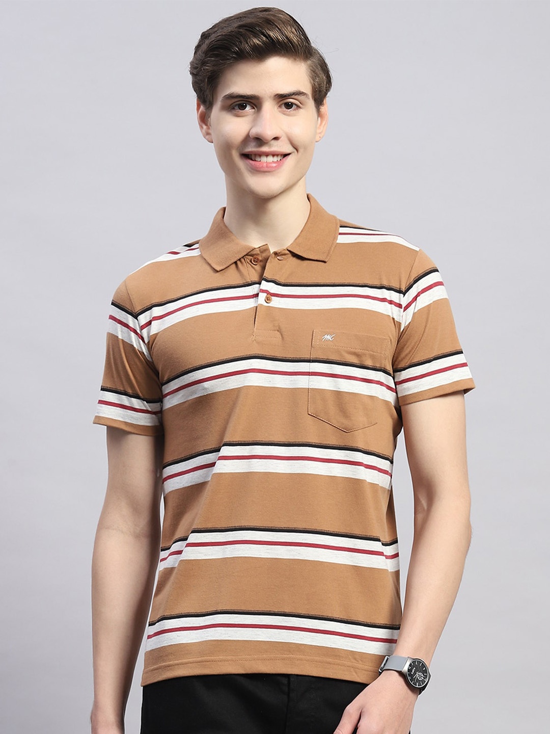 

Monte Carlo Striped Polo Collar Cotton Regular Fit T-shirt, Brown