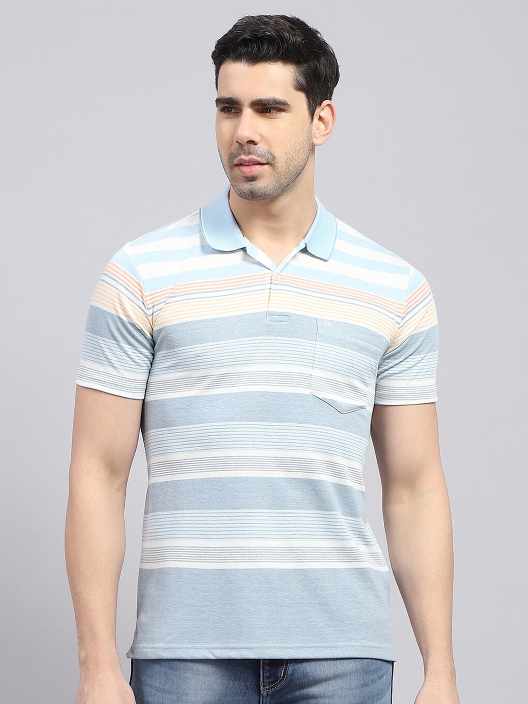 

Monte Carlo Striped Polo Collar Cotton T-shirt, Blue