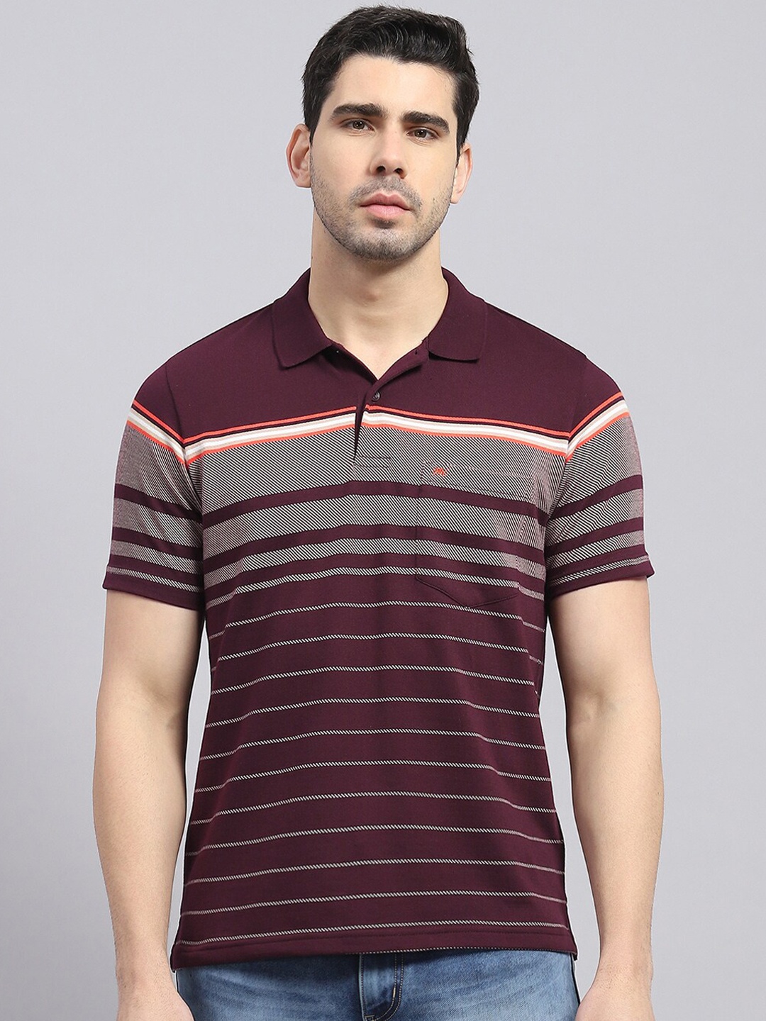 

Monte Carlo Striped Polo Collar Cotton Casual T-shirt, Coffee brown