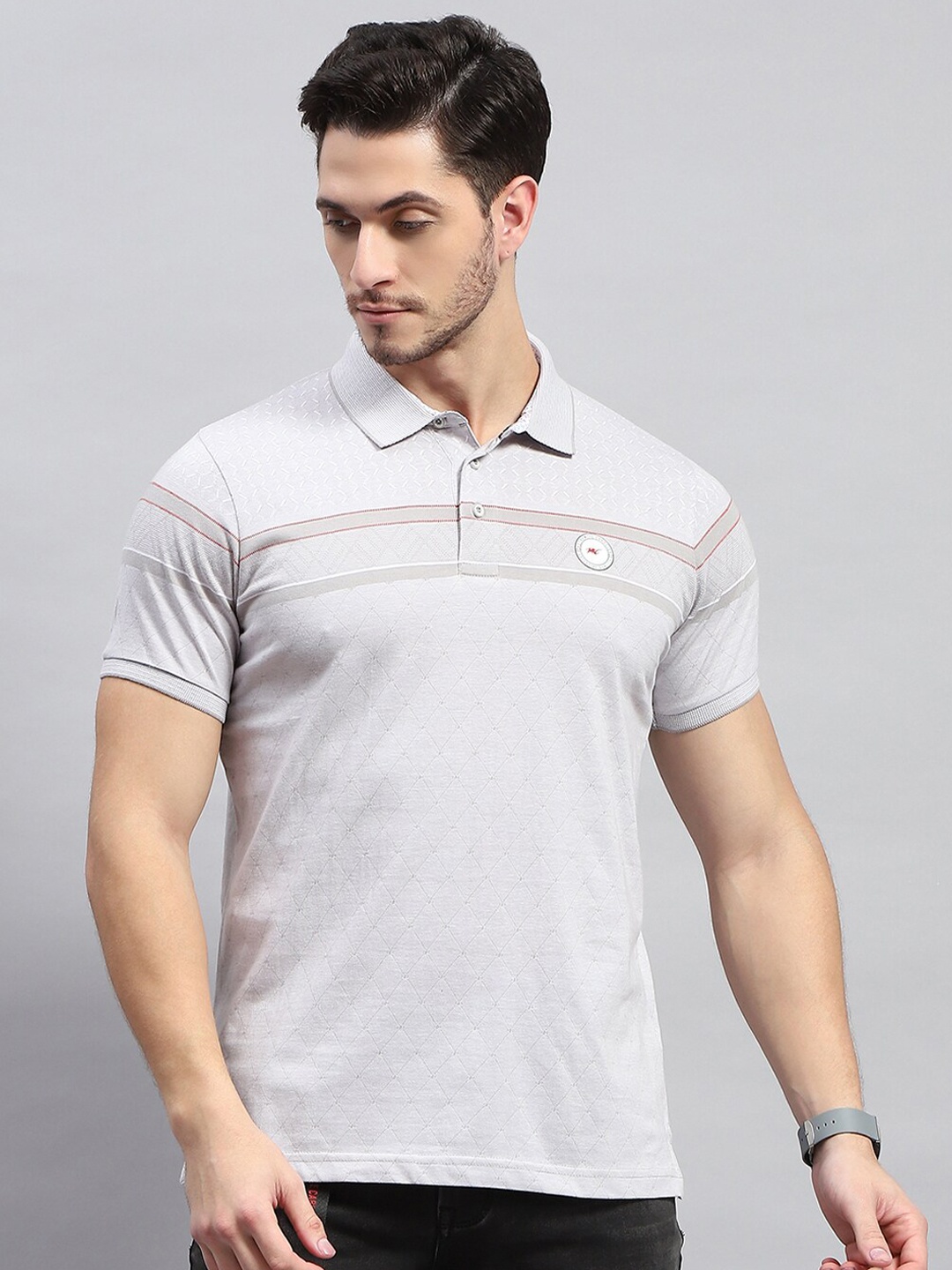 

Monte Carlo Striped Cotton Polo Collar T-shirt, Grey