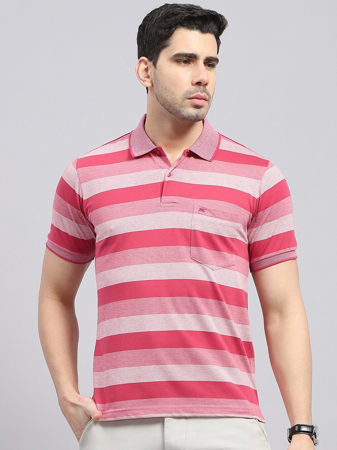 

Monte Carlo Striped Polo Collar Cotton T-Shirt, Red