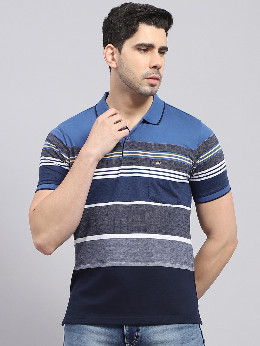 

Monte Carlo Striped Polo Collar Cotton T-shirt, Blue