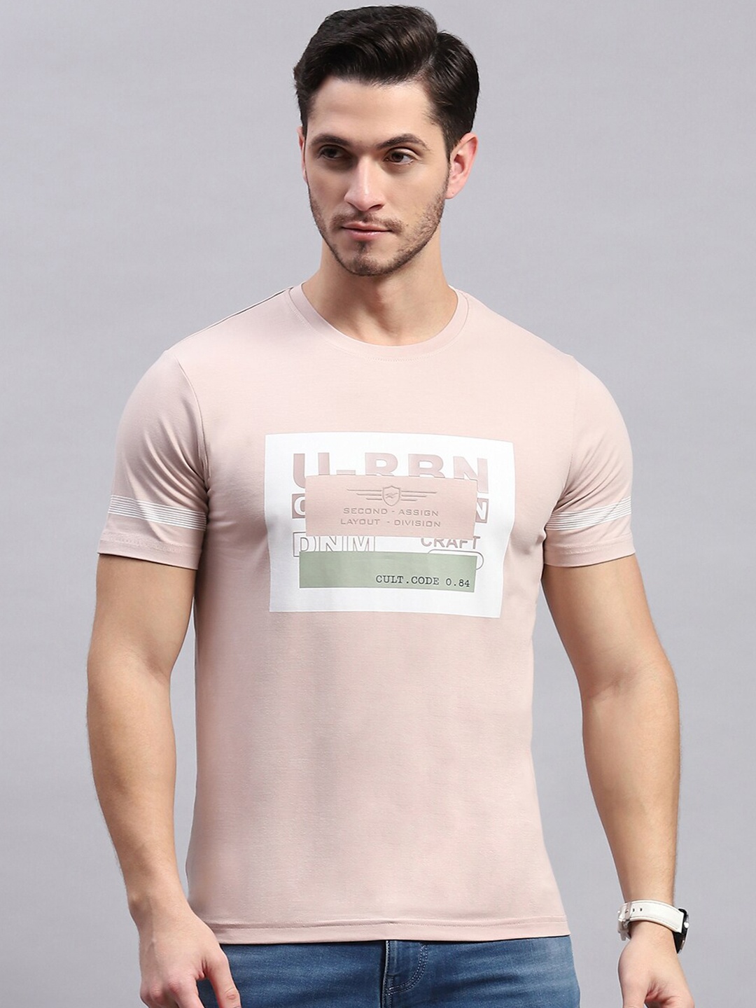 

Monte Carlo Typography Printed Round Neck Cotton T-shirt, Peach