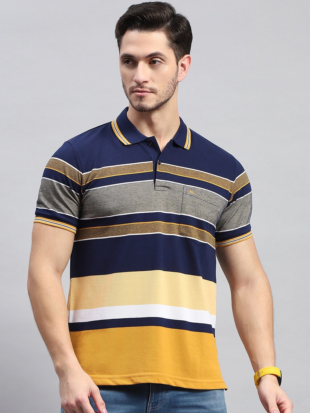 

Monte Carlo Striped Polo Collar Short Sleeves Cotton T-shirt, Navy blue