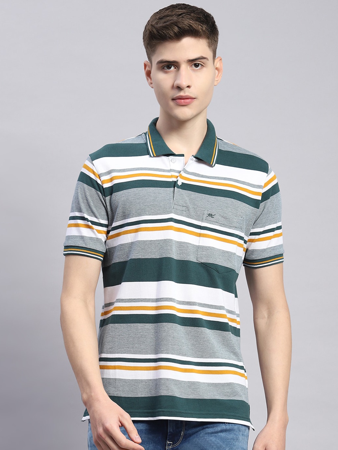 

Monte Carlo Striped Polo Collar Cotton T-shirt, Green