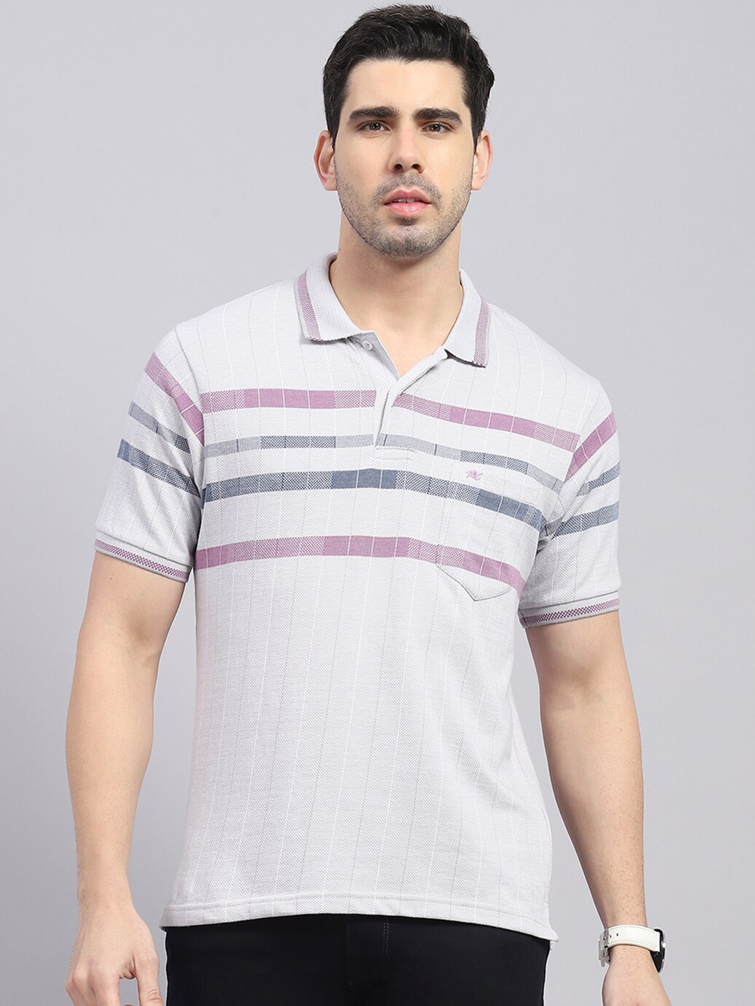 

Monte Carlo Striped Polo Collar Cotton T-Shirt, Grey