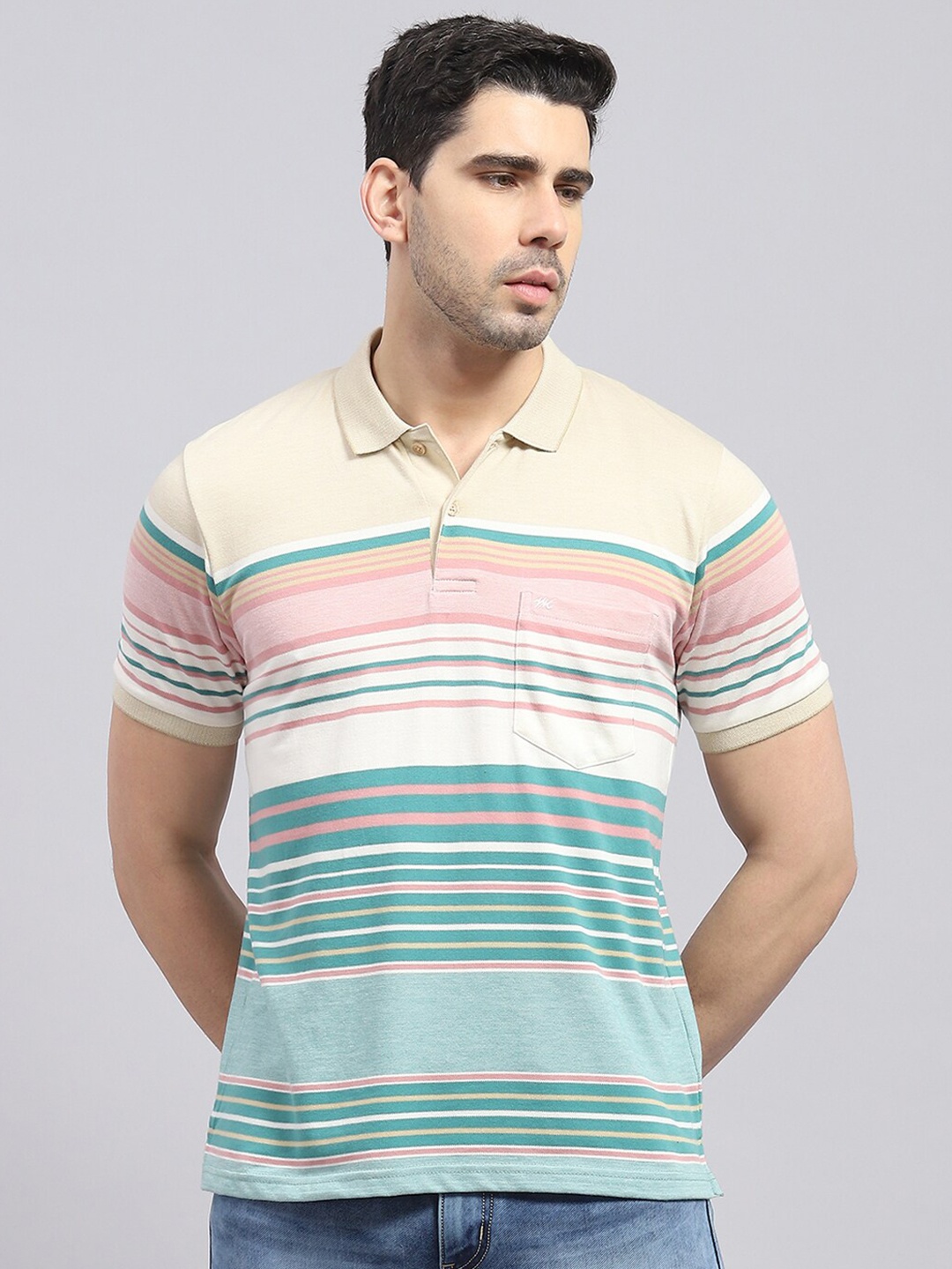 

Monte Carlo Striped Polo Collar Cotton T-shirt, Green
