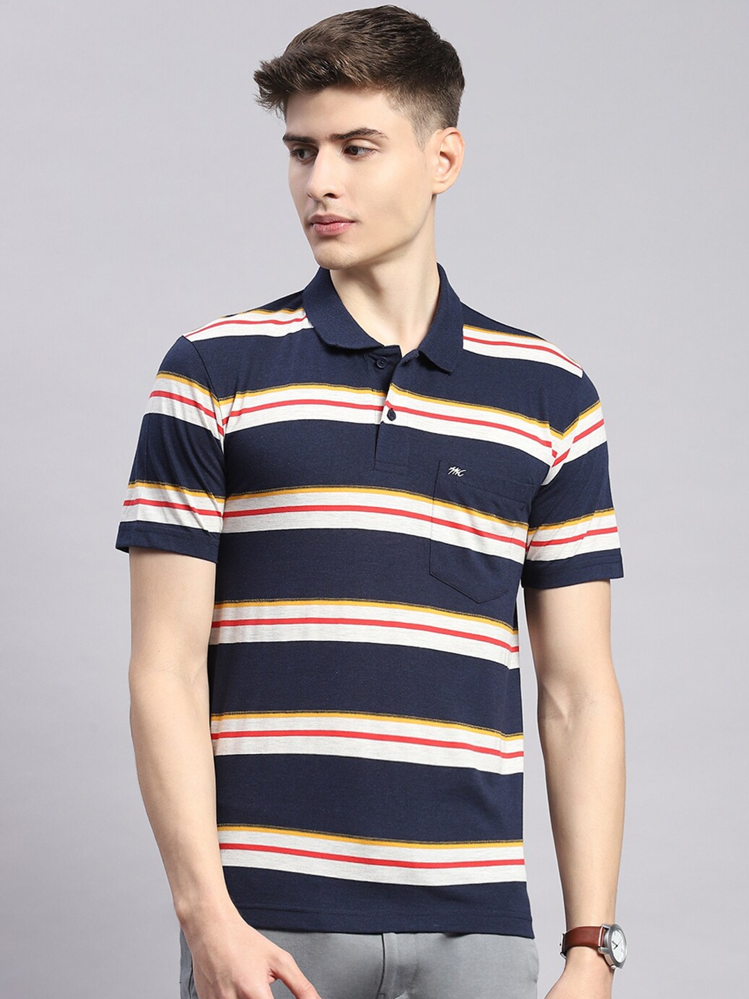 

Monte Carlo Striped Polo Collar Cotton T-shirt, Navy blue