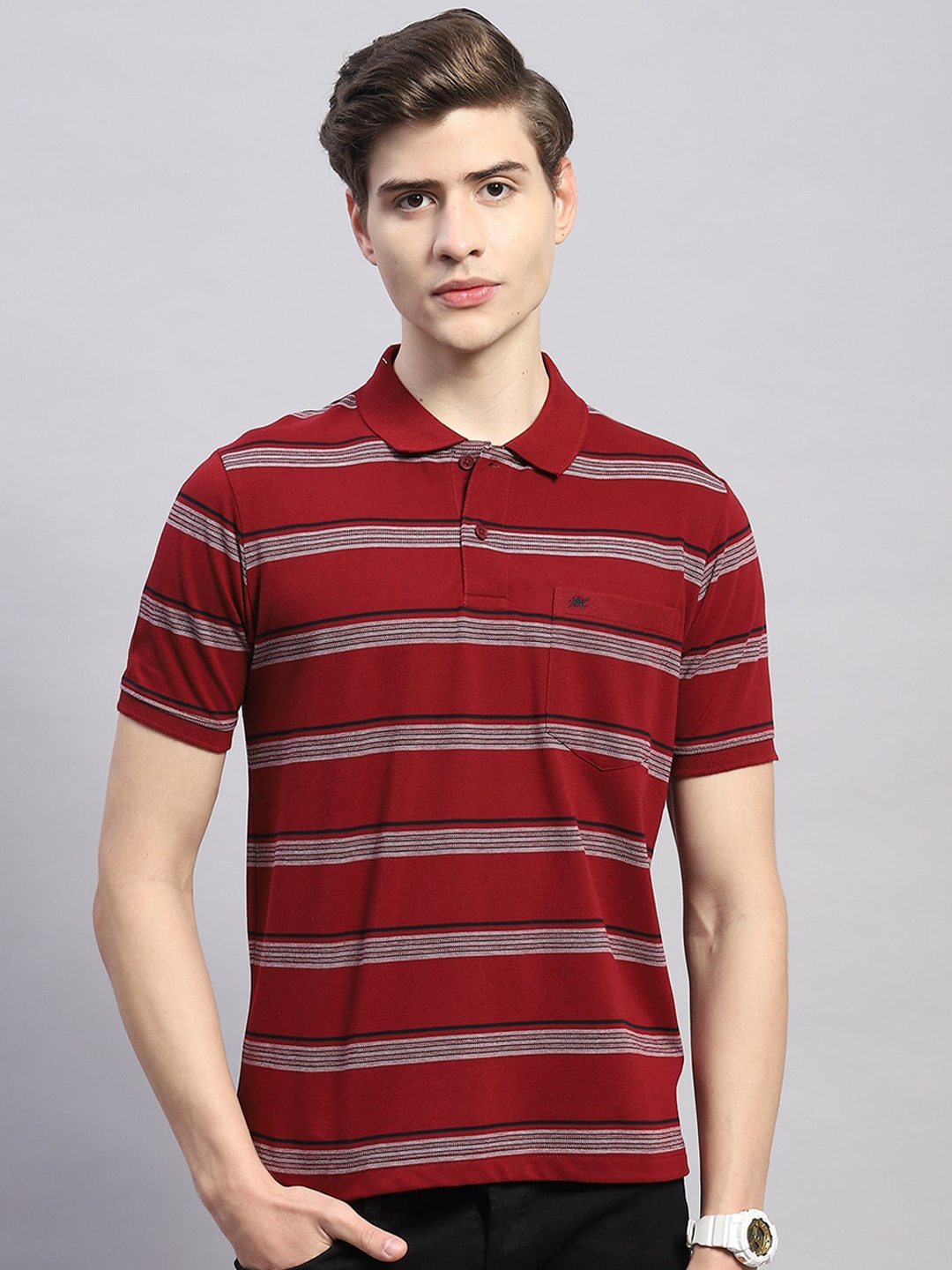 

Monte Carlo Striped Polo Collar Cotton T-shirt, Maroon