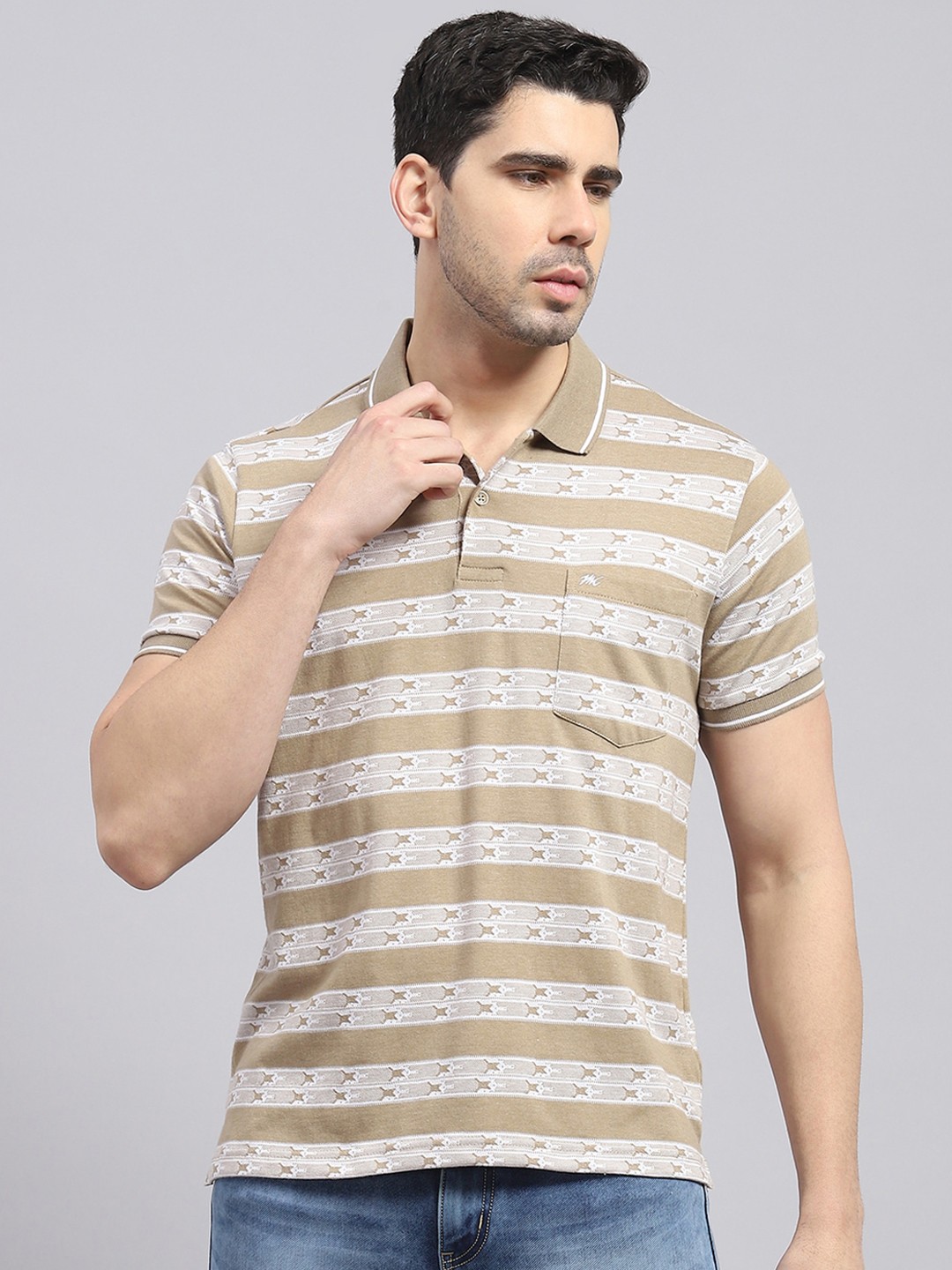 

Monte Carlo Striped Polo Collar Cotton T-shirt, Brown