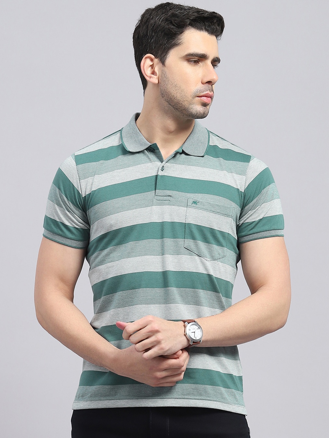 

Monte Carlo Striped Polo Collar Cotton Regular Fit T-shirt, Green