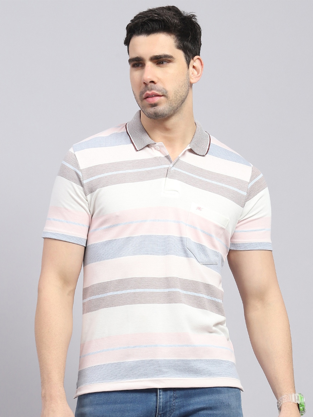 

Monte Carlo Striped Polo Collar Cotton T-shirt, White