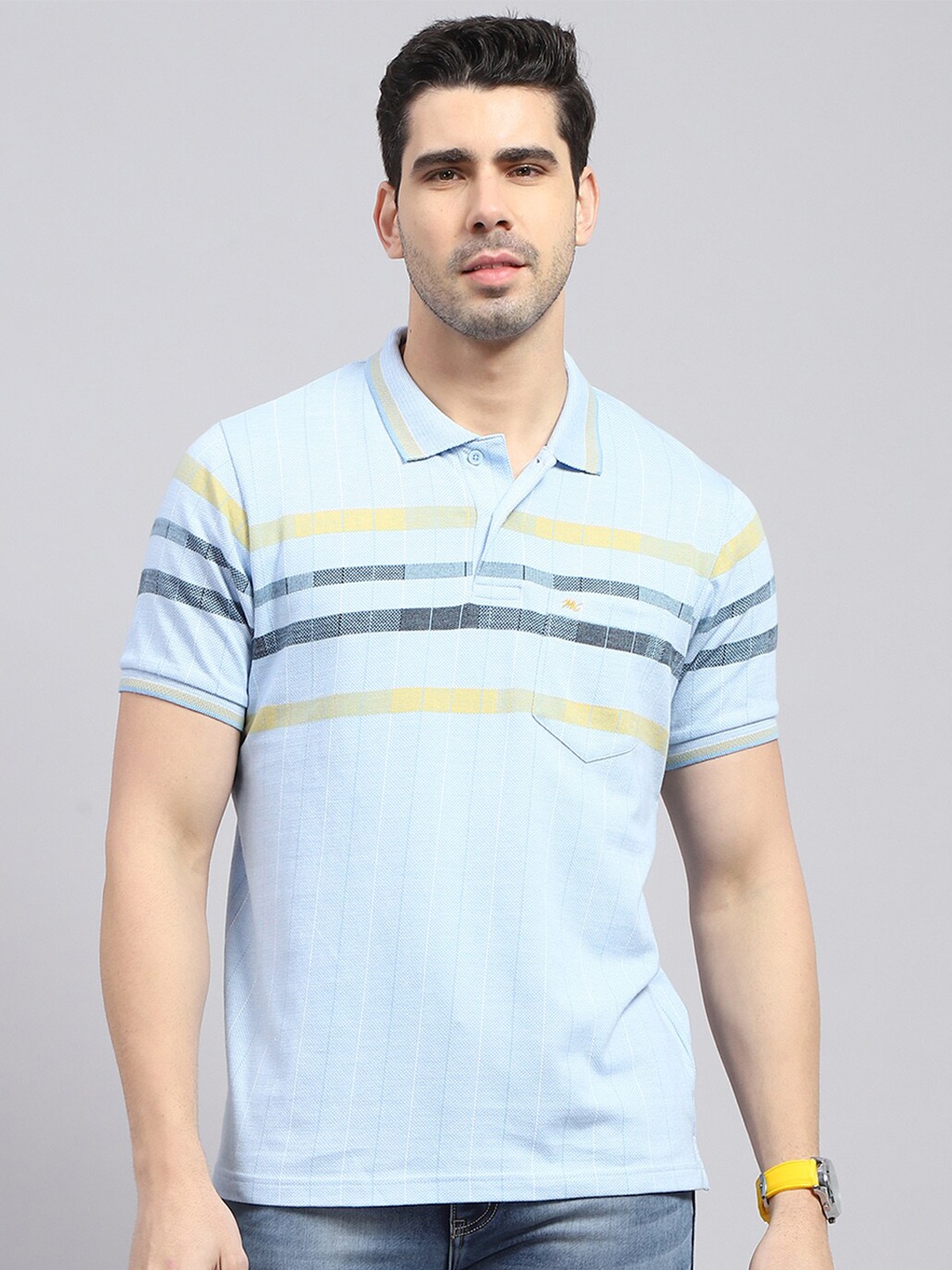 

Monte Carlo Striped Polo Collar Cotton T-shirt, Blue