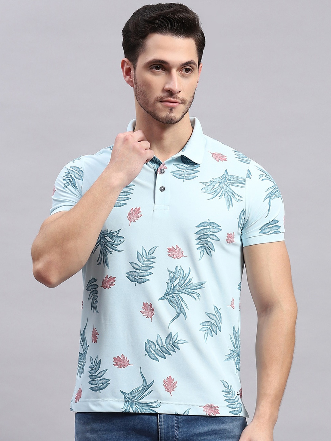 

Monte Carlo Floral Printed Polo Collar Cotton T-shirt, Blue