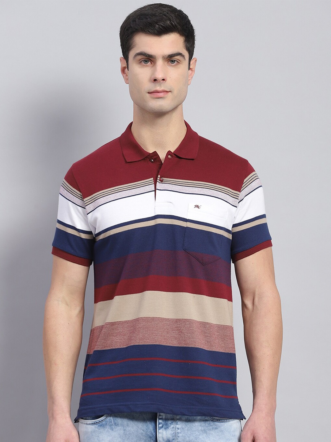 

Monte Carlo Striped Polo Collar Cotton T-Shirt, Red