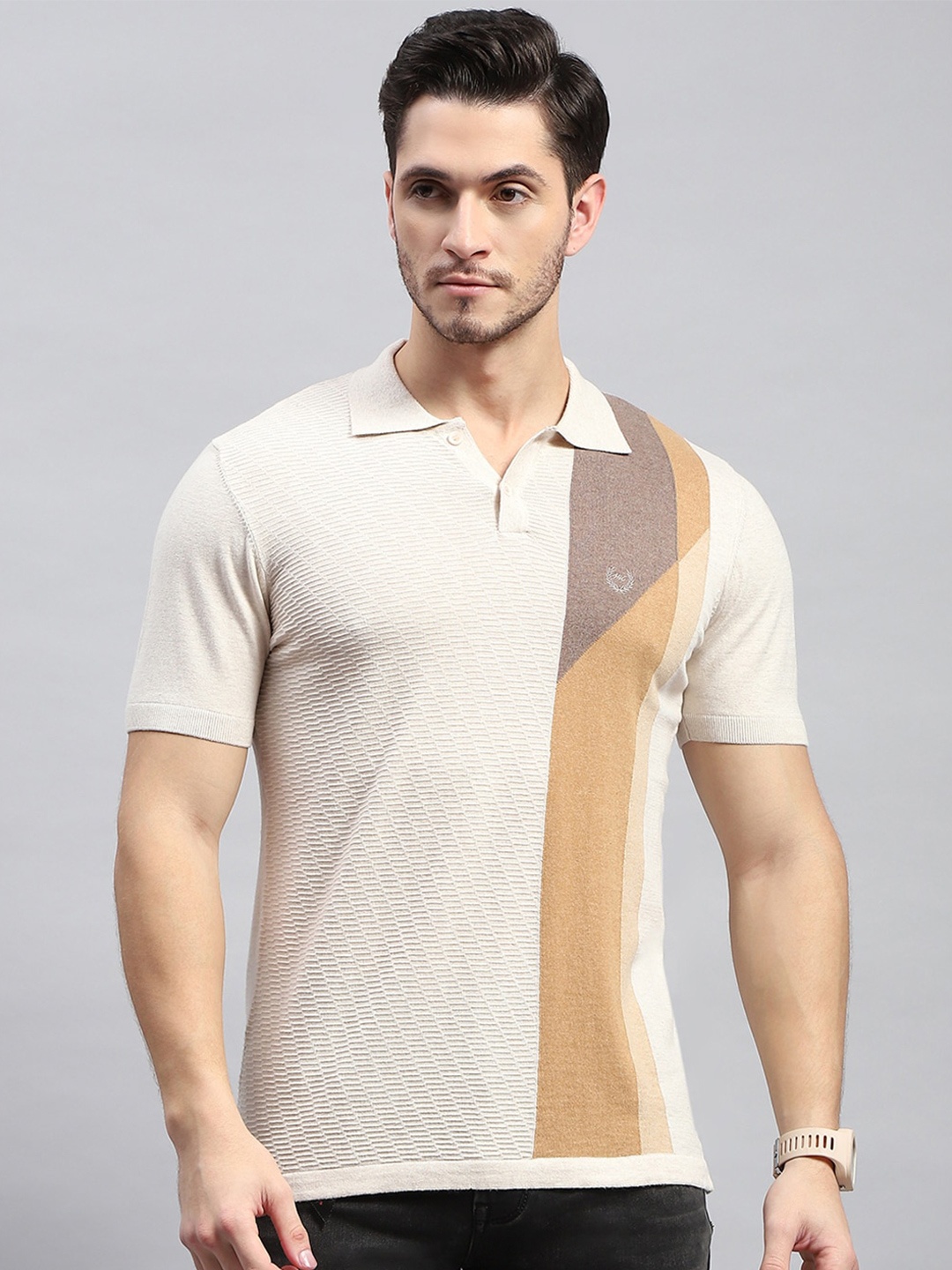 

Monte Carlo Colourblocked Polo Collar Cotton Regular Fit T-shirt, Beige