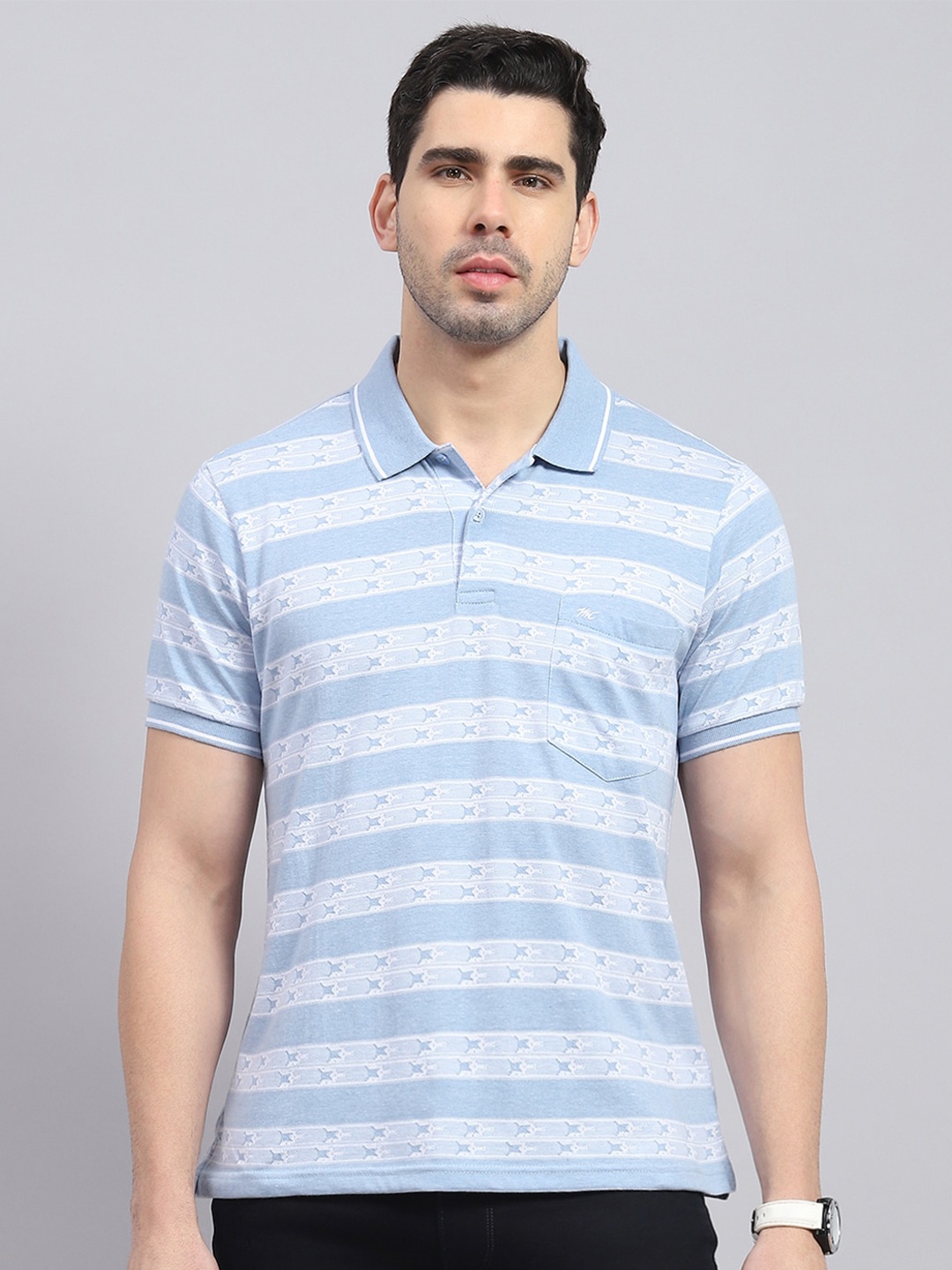 

Monte Carlo Striped Polo Collar Cotton T-shirt, Blue