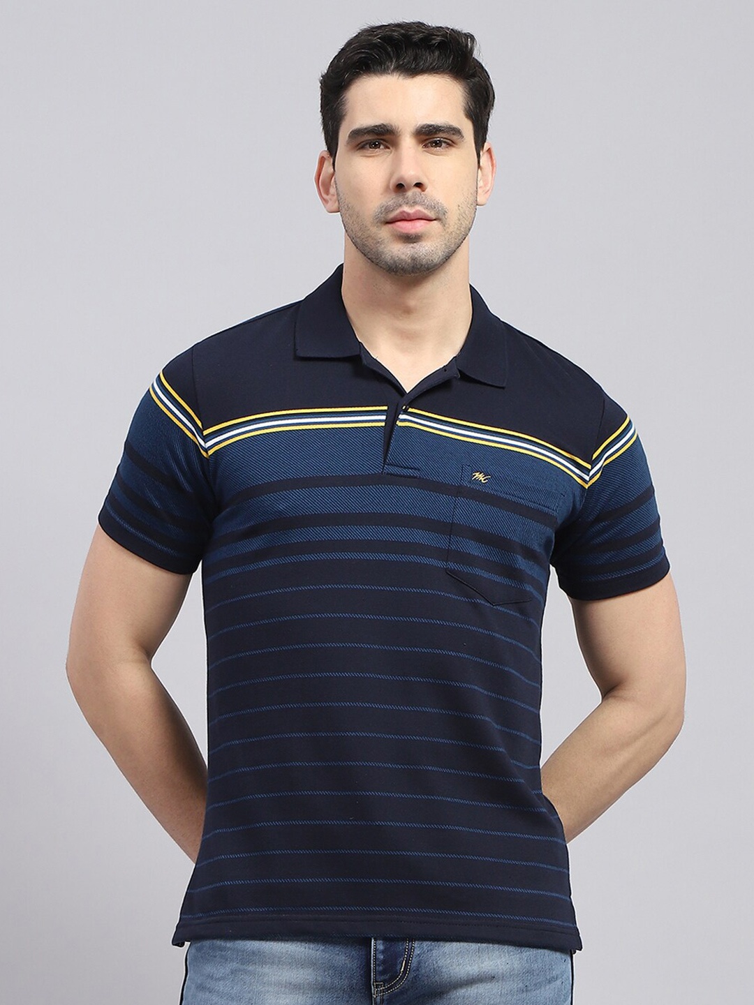 

Monte Carlo Striped Polo Collar Cotton T-shirt, Navy blue