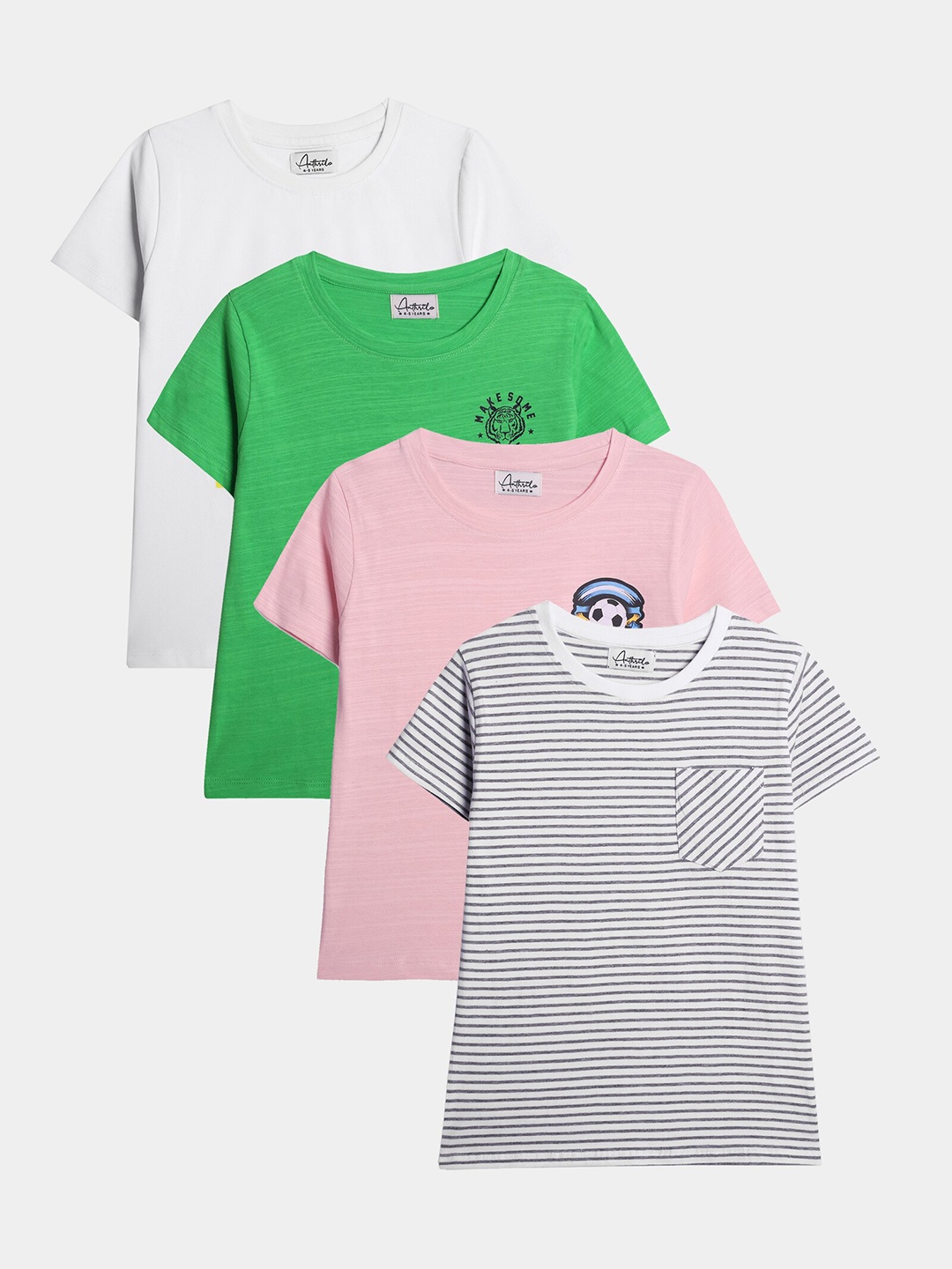 

Anthrilo Boys Pack Of 4 Striped Round Neck Short Sleeves Cotton T-shirt, Green