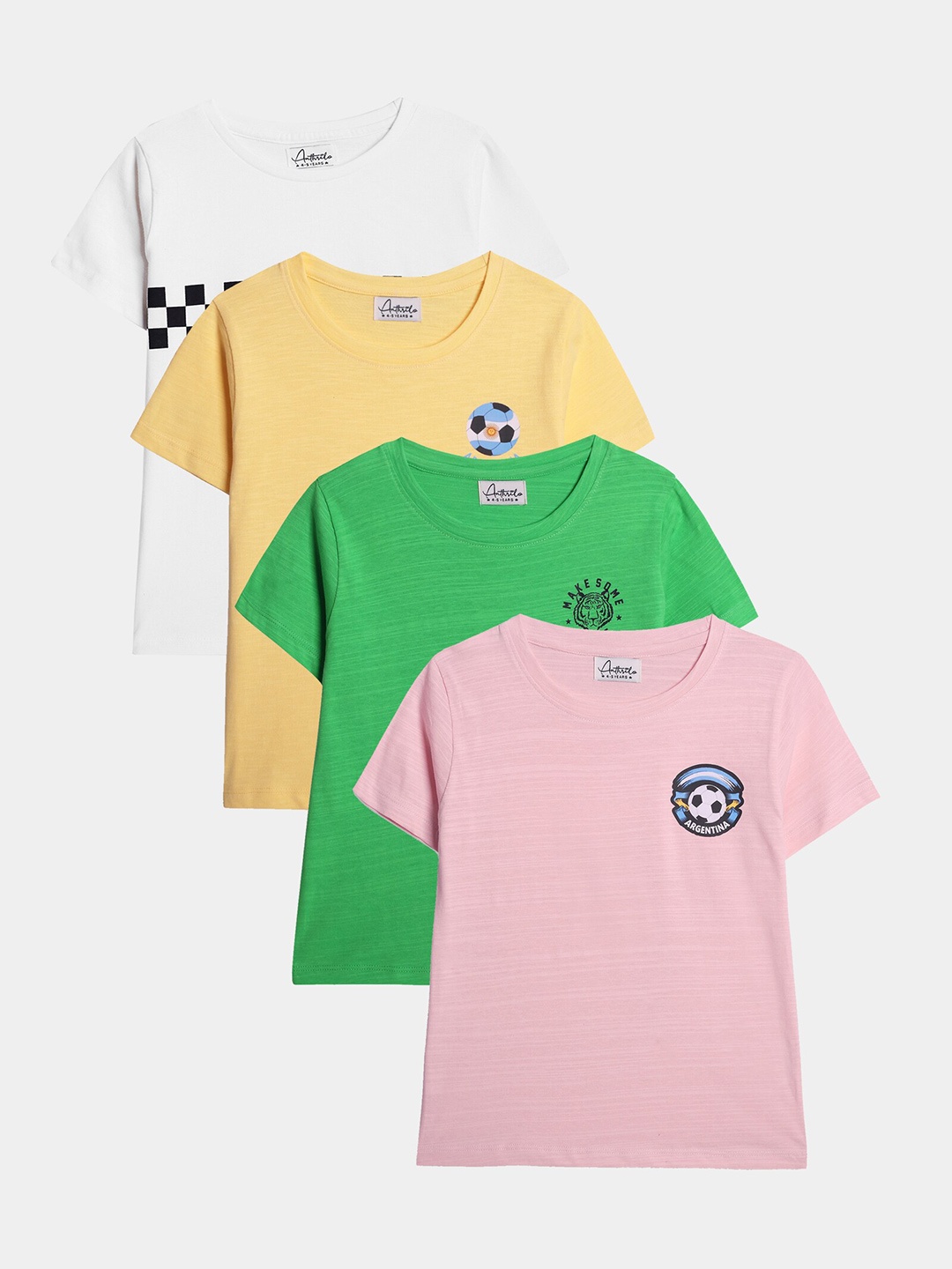 

Anthrilo Boys Pack Of 4 Printed Round Neck Short Sleeves Cotton T-shirt, Green