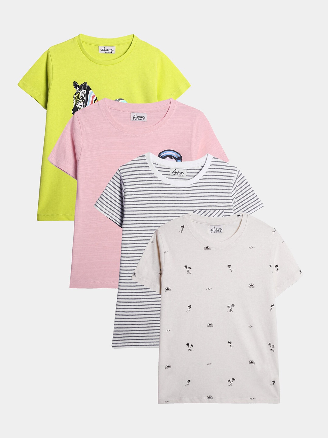 

Anthrilo Boys Pack Of 4 Printed Round Neck Short Sleeves Cotton T-shirt, Pink