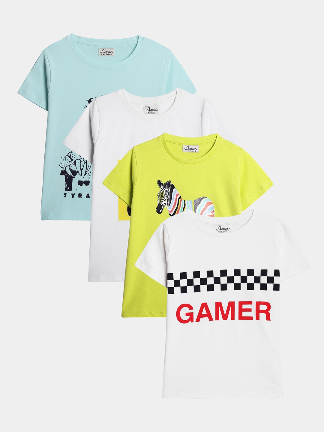 

Anthrilo Boys Pack Of 4 Printed Round Neck Short Sleeves Cotton T-shirt, White